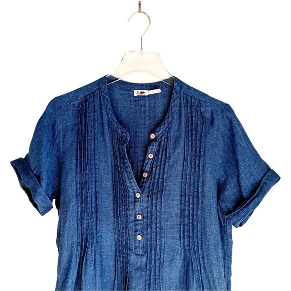 Faherty Gemina Linen Dress Pintuck Indigo Blue Short Sleeves Women Size Small - Picture 8 of 10
